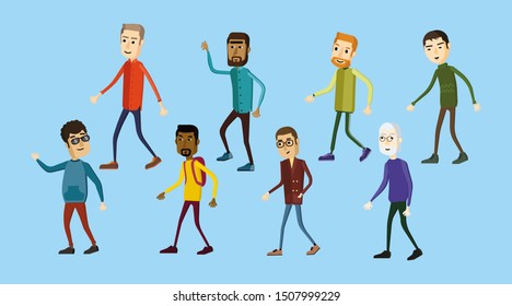 Bundle cartoon people adults flat characters male Walking men different age ethnic diversity body haircut face types men clothes poses action 