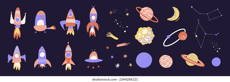 Conjunto con cohete espacial de dibujos animados, OVNI y planeta. Conjunto de naves espaciales, planetas, estrellas de estilo infantil. Fondo vectorial para pegatinas, iconos, decoración, cubiertas.