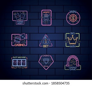 bundle of casino neon lights labels in wall vector illustration design