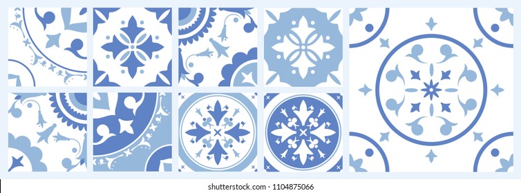 Bundle of ceramic square tiles with various traditional oriental patterns. Set of mediterranean decorative ornaments in blue and white colors. Vector illustration in vintage Azulejo or Moroccan style