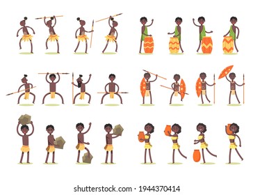 Bundle of The character set of an African tribe in Africa is a warrior with a spear. There were both warriors and male and female laborers.