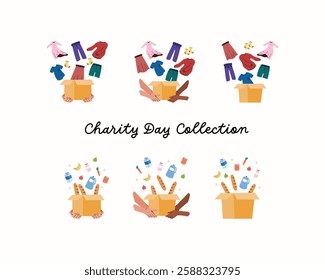 Bundle of charity gesture. Collection of charity gesture like giving and accept clothes aid box, giving and accept food aid box on white background. Colorful vector illustration in flat style