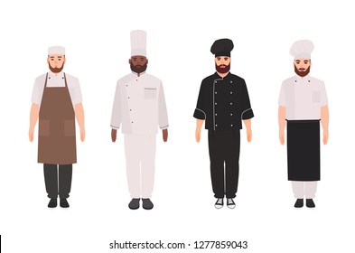 Bundle of chefs, cooks, professional restaurant staff, kitchen workers wearing uniform, apron and toque. Set of male cartoon characters isolated on white background. Flat cartoon vector illustration.