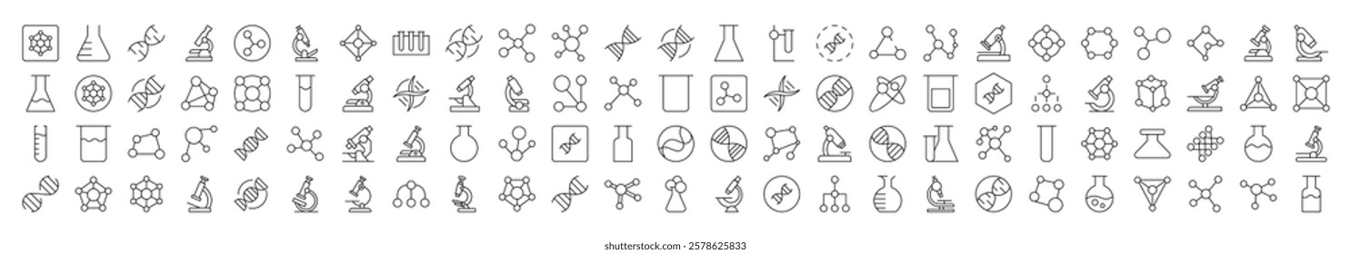 Bundle of Chemistry Related Line Icons. Editable Stroke for Design, Web Sites, Apps, Cards. Contains Linear Images of Chemical Compound, Laboratory Bulbs, Atom