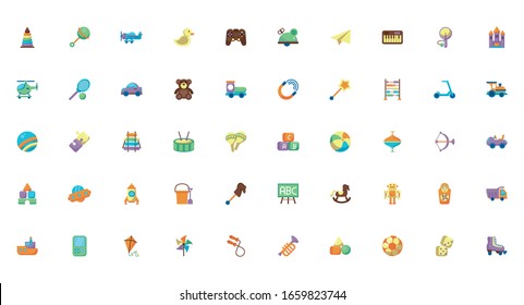 conjunto de juguetes secundarios conjuntos iconos estilo plano ilustración vectorial diseño