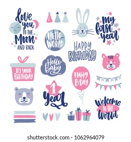 Bundle of childish lettering handwritten with elegant calligraphic fonts decorated with cute cartoon design elements. Collection of inscriptions and decorations for kids. Vector illustration.