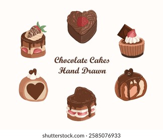 Bundle of chocolate cake. Collection of chocolate cake with various topping like whipped cream, red berry, chocolate heart shaped and strawberry on hand drawn style