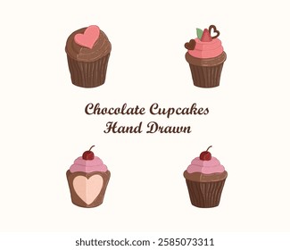 Bundle of chocolate cupcake. Collection of chocolate cupcake with various topping like cherry, pink heart shaped and strawberry on hand drawn style