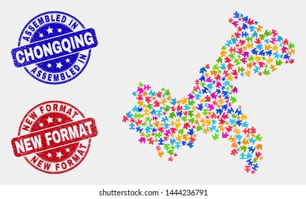 Bundle Chongqing City map and blue Assembled watermark, and New Format textured watermark. Bright vector Chongqing City map mosaic of plug-in items. Red rounded New Format imprint.