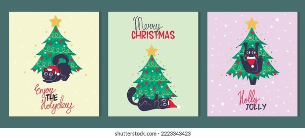 Bundle of Christmas card, banner or poster template with christmas tree and cute black cat and christmas lettering