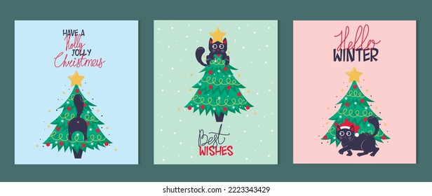 Bundle of Christmas card, banner or poster template with christmas tree and cute black cat and christmas lettering