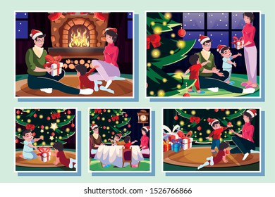 bundle christmas cards with family in christmas evening vector illustration design
