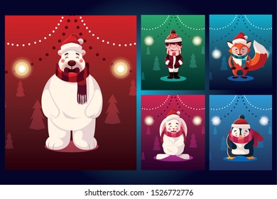 bundle christmas cards with icons set vector illustration design