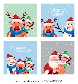 bundle christmas cards with icons set vector illustration design