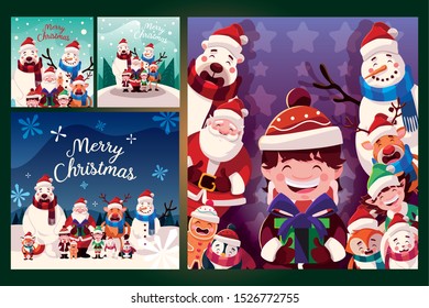 bundle christmas cards with label merry christmas vector illustration design