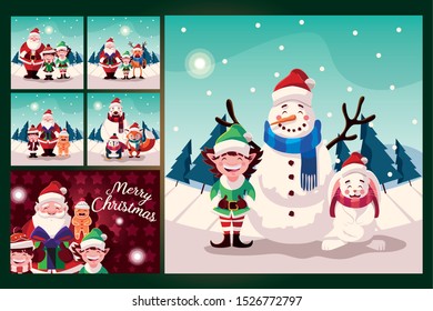 bundle christmas cards with label merry christmas vector illustration design