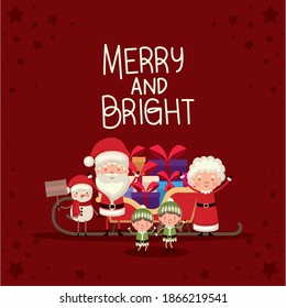 bundle of christmas characters and merry and bright lettering on red background vector illustration design