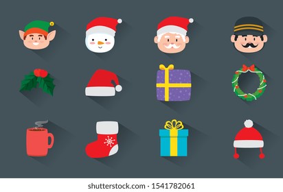 bundle christmas with decoration and characters vector illustration design