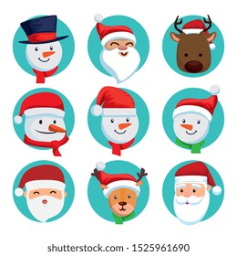 bundle christmas of faces santa claus with set characters vector illustration design