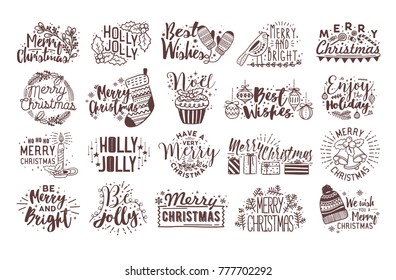 Bundle of Christmas handwritten lettering decorated with traditional holiday attributes - holly leaves, baubles, candle, mittens. Set of hand drawn Xmas wishes. Monochrome festive vector inscriptions.