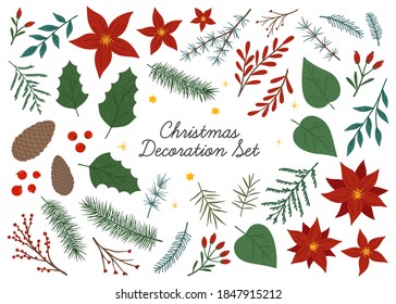 Bundle of Christmas and Happy New Year floral design elements.Vector hand drawn plants,pine tree branches, mistletoe and berries.Xmas decoration set.Winter traditional decor bundle.