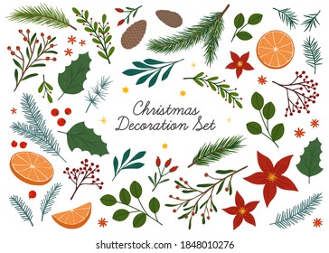 Bundle of Christmas and Happy New Year floral design elements.Vector hand drawn plants, pine cone, tree branches, mistletoe and berries.Xmas decoration set.Winter traditional decor bundle.