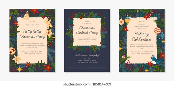 Bundle of Christmas and Happy New Year party invitations templates.Modern vector layouts with traditional winter holiday symbols.Xmas trendy designs for banners,invitations,prints,social media