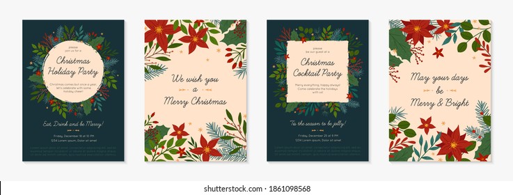 Bundle of Christmas and Happy New Year greetings and party invitations templates.Modern vector layouts with traditional winter holiday symbols.Xmas trendy designs for banners; invitations; prints.