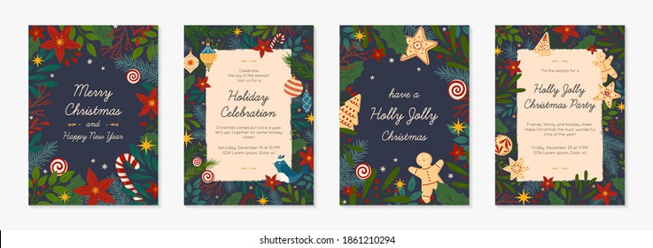 Bundle of Christmas and Happy New Year greetings and party invitations templates.Modern vector layouts with traditional winter holiday symbols.Xmas trendy designs for banners; invitations; prints.