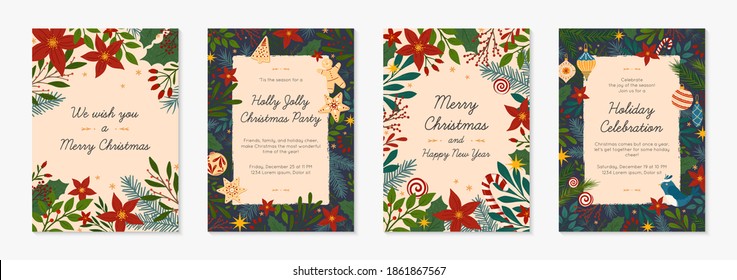 Bundle of Christmas and Happy New Year greetings and party invitations templates.Modern vector layouts with traditional winter holiday symbols.Xmas trendy designs for banners; invitations; prints.