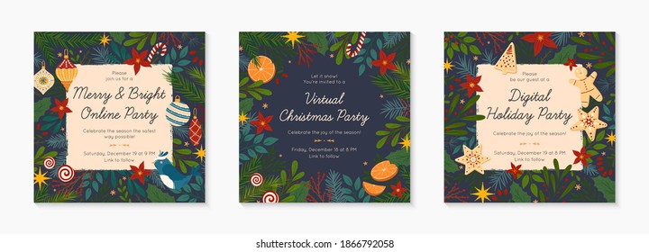 Bundle of Christmas and Happy New Year online party invitation templates during covid 19.Modern vector layouts with traditional holiday symbols.Xmas trendy designs for banners,prints,social media