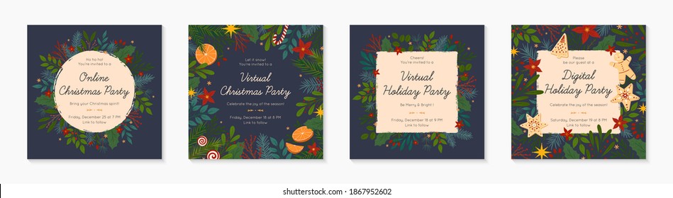 Bundle of Christmas and Happy New Year online party invitation templates during covid 19. Modern vector layouts with traditional holiday symbols. Xmas trendy designs for banners, prints, social media