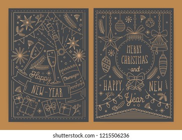 Bundle of Christmas and New Year greeting card templates with traditional holiday decorations drawn in line art style - gifts, baubles, champagne, light garlands. Monochrome vector illustration.