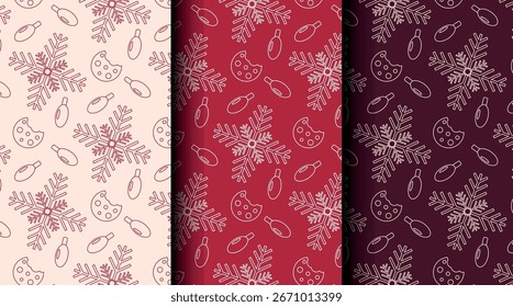 Bundle of Christmas seamless vector patterns with holiday icons. Three color palettes perfect for wrapping, invitations, and seasonal projects.