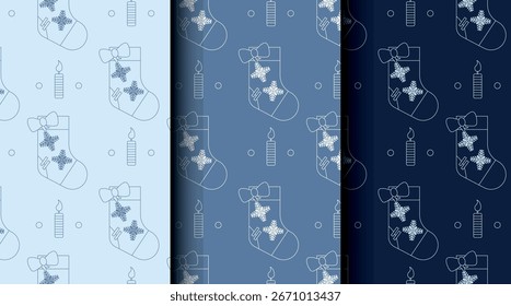 Bundle of Christmas seamless vector patterns with holiday icons. Three color palettes perfect for wrapping, invitations, and seasonal projects.