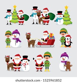 bundle christmas with snowman and set characters vector illustration design