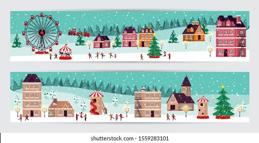 bundle of christmas winter street scene vector illustration design