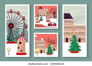 bundle of christmas winter street scenes vector illustration design