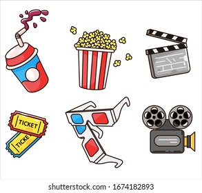 Bundle of cinema entertainment set icons. Cinema icons. Set of colored flat cartoon cinema icons. Camera, cola, pop corn, tickets, flat vector illustration. 