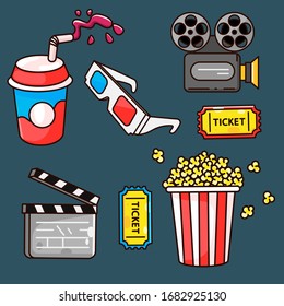 Bundle of cinema entertainment set icons. Cinema icons. Set of colored flat cartoon cinema icons. Camera, cola, pop corn, tickets, flat vector illustration.