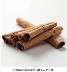 A bundle of cinnamon sticks, tied together with a thin string, rests on a white surface, displaying their rich brown color and intricate textures.