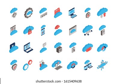 bundle of cloud computing tech icons vector illustration design