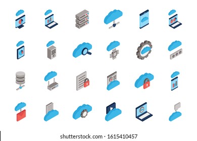 bundle of cloud computing tech icons vector illustration design