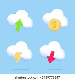bundle, cloud storage, download , upload, money coin, electric, wifi, 3d icon illustration