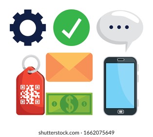 bundle of code qr in label and icons vector illustration design