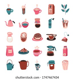 bundle of coffee and tea free form style icon vector illustration design