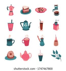 bundle of coffee and tea free form style icon vector illustration design
