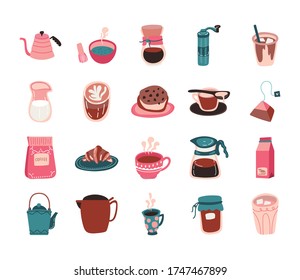 bundle of coffee and tea free form style icon vector illustration design