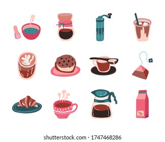 bundle of coffee and tea free form style icon vector illustration design