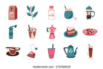 bundle of coffee and tea free form style icon vector illustration design